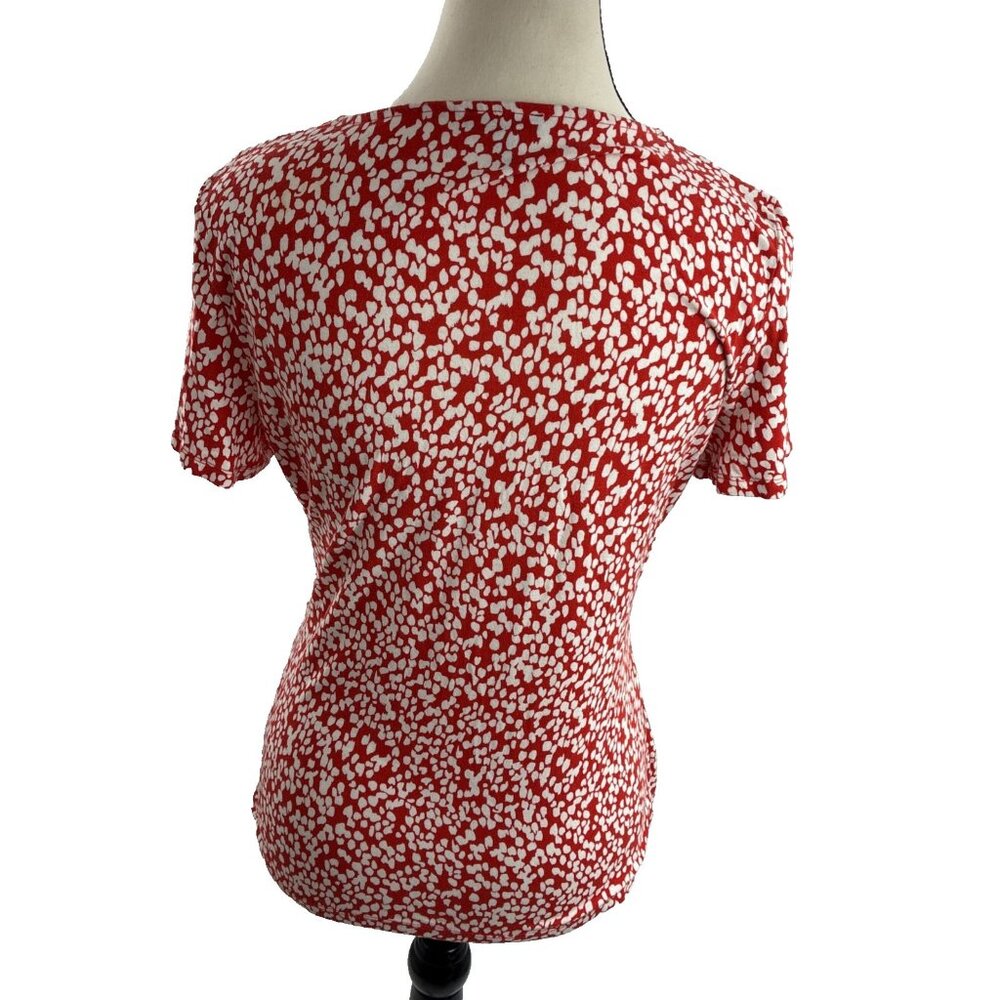 Talbots Womens Top S Petite Red White Print Faux Wrap Short Sleeve Stretch - Picture 5 of 7